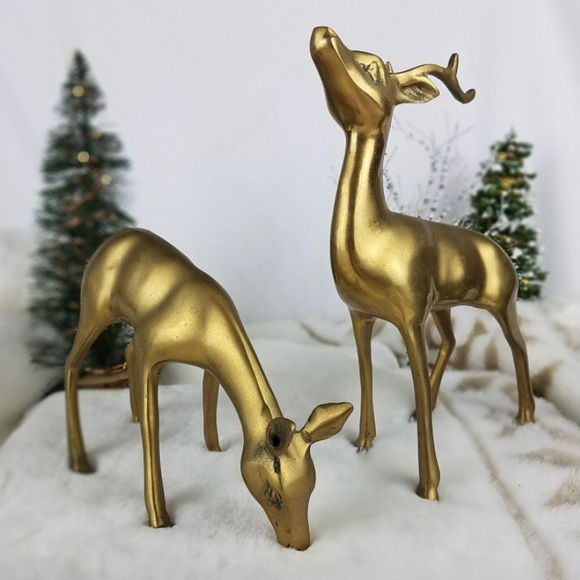Vintage Brass Deer Set Winter Holiday MidMod Decor